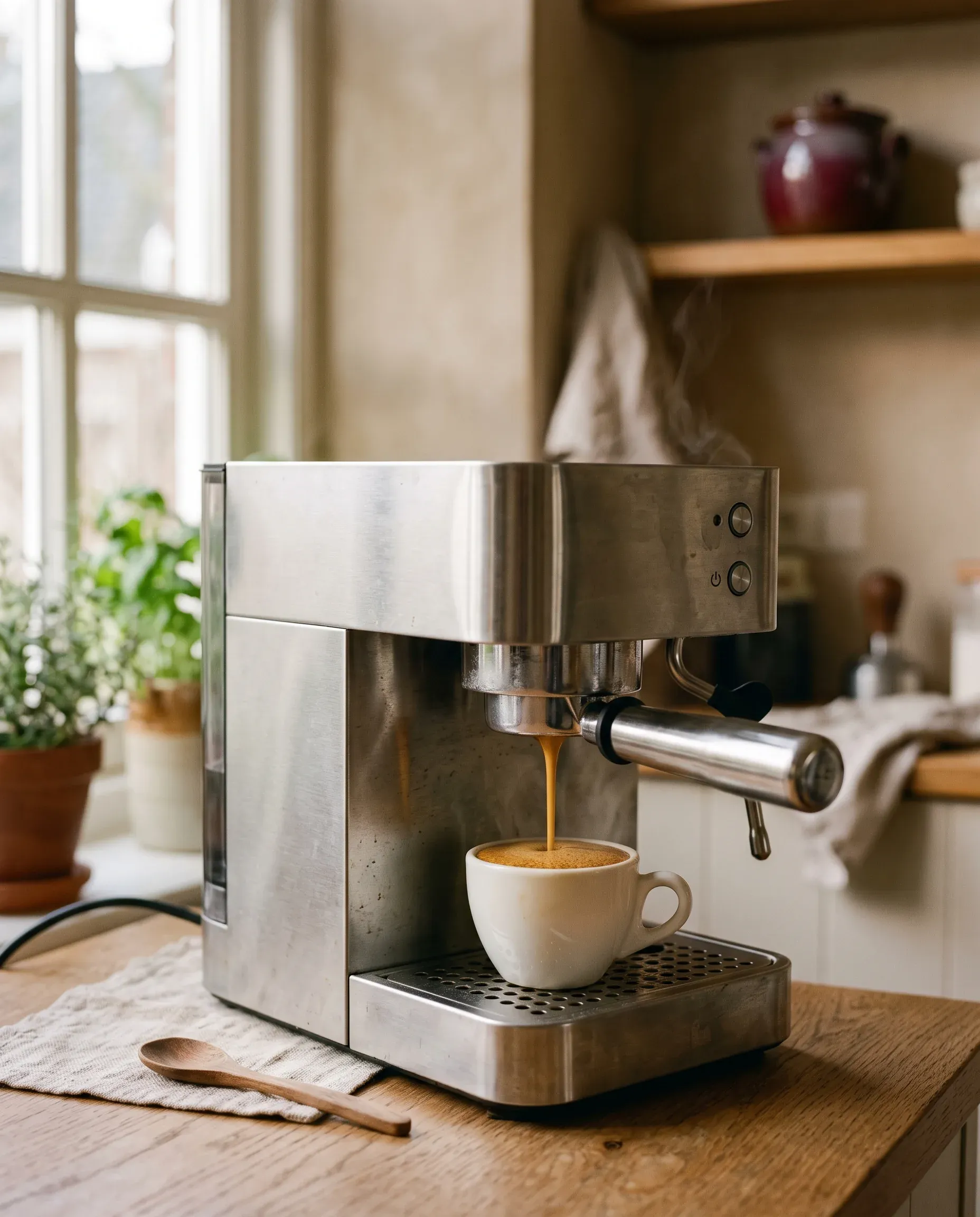 Espresso loopt uit een machine in een wit kopje