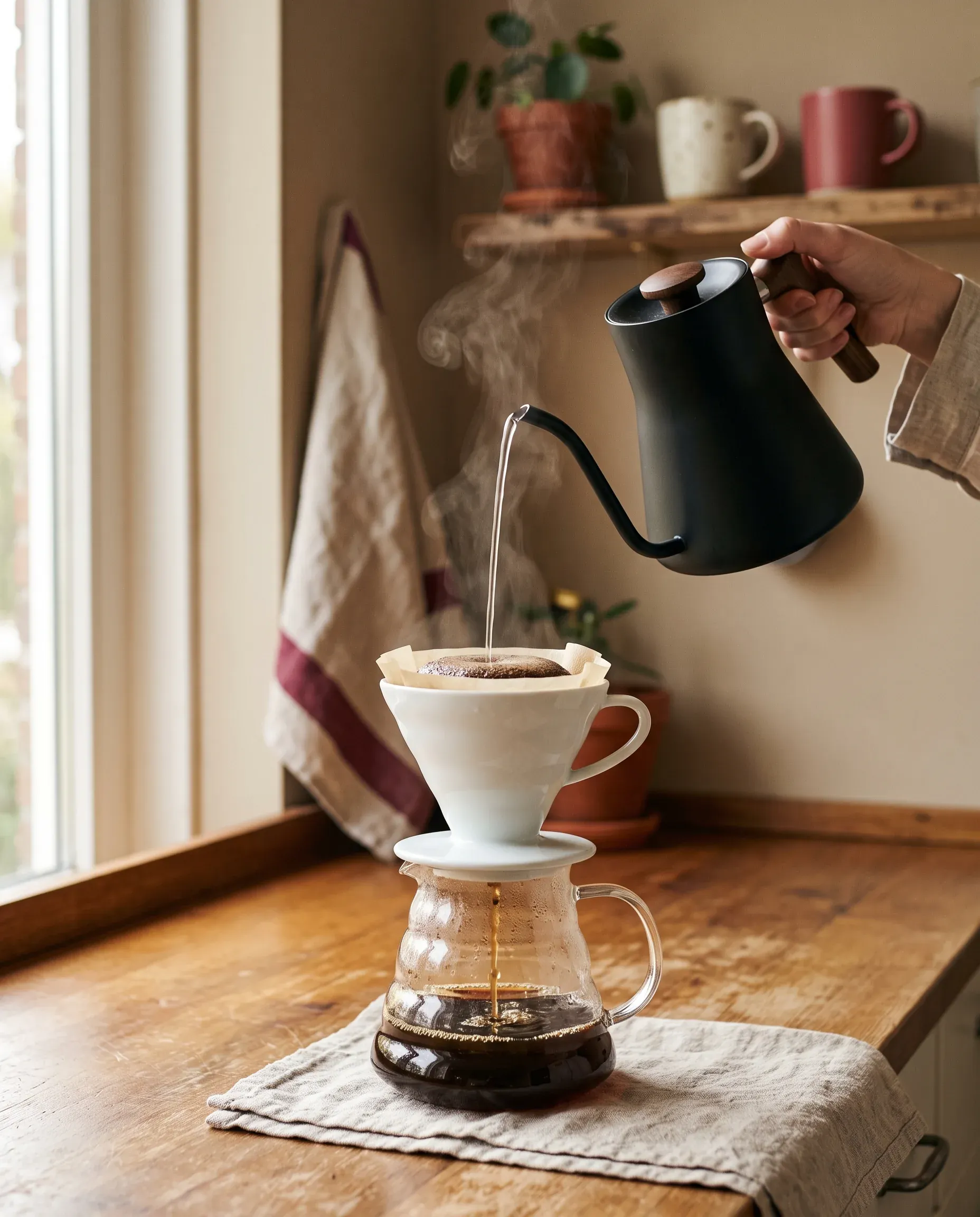 Filterkoffie zetten met een waterkoker in een lichte keuken