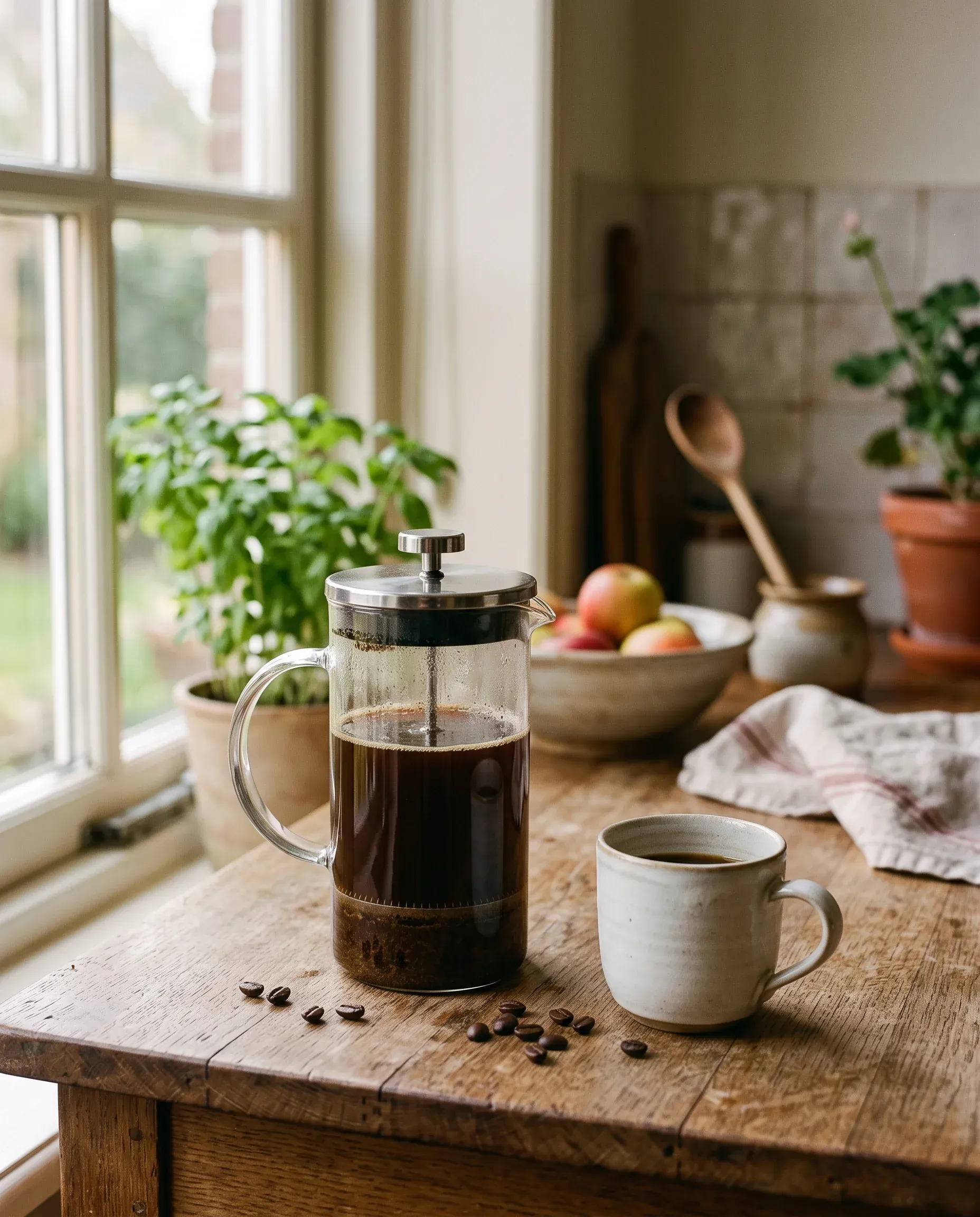 French press met koffie en een mok op het aanrecht