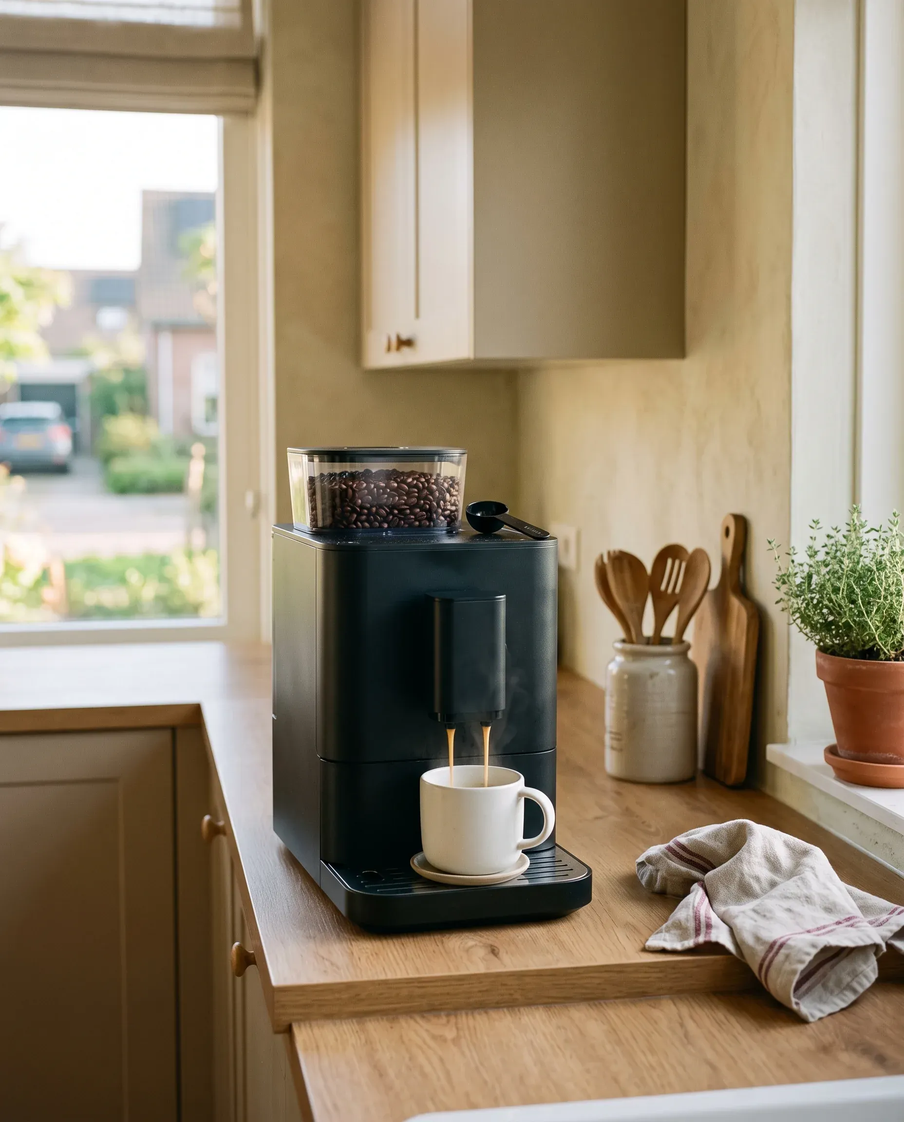 Volautomaat zet koffie in een witte mok
